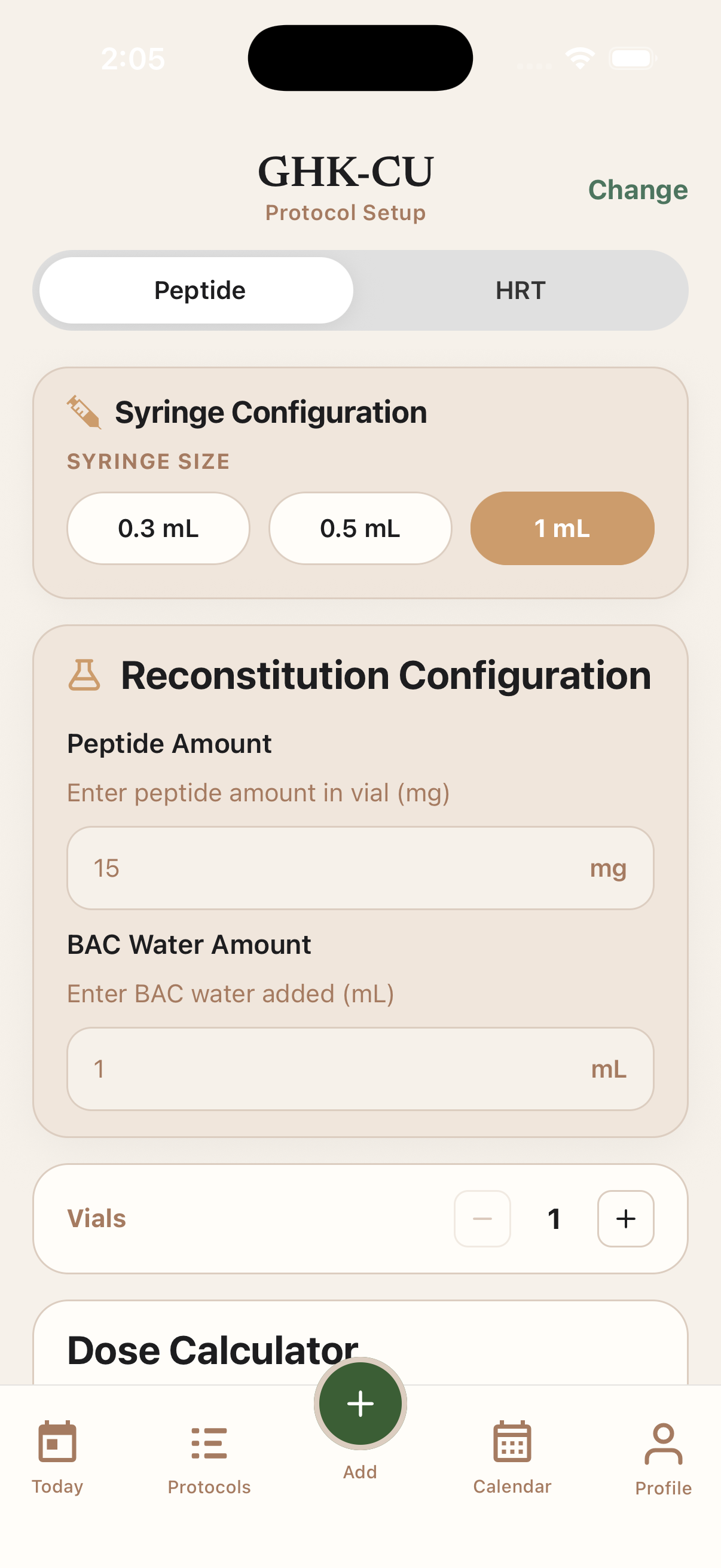 Protocol dashboard showing today's dose, a past-due dose card, and upcoming doses.