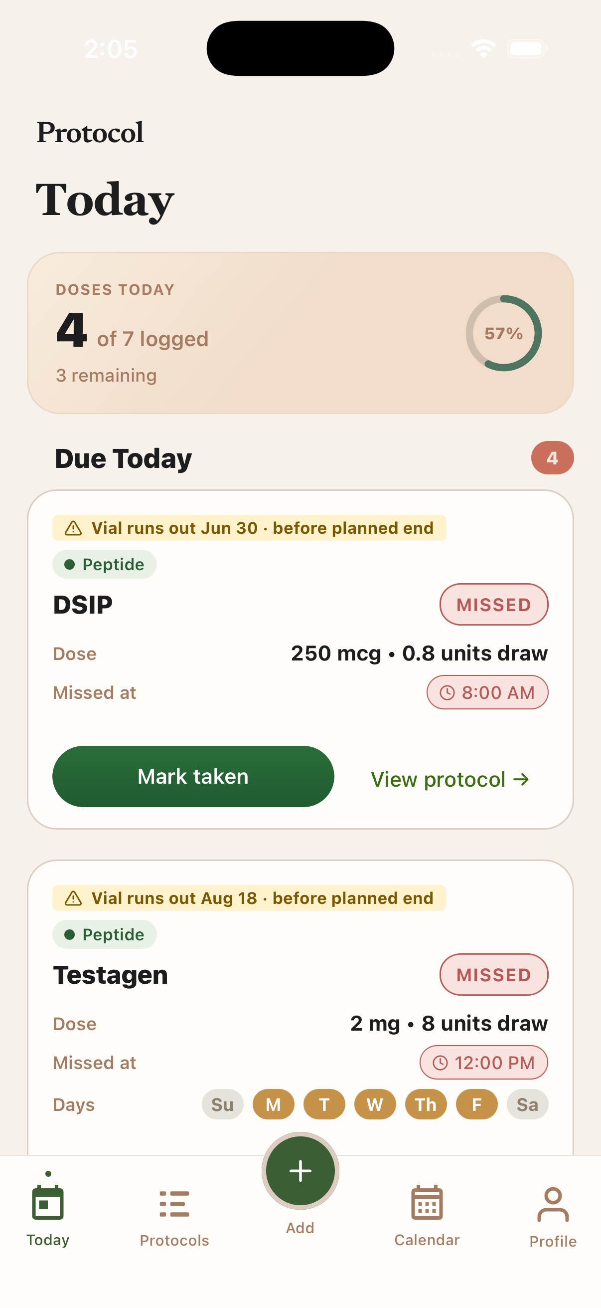 Protocol dashboard showing today's dose, a past-due dose card, and upcoming doses.
