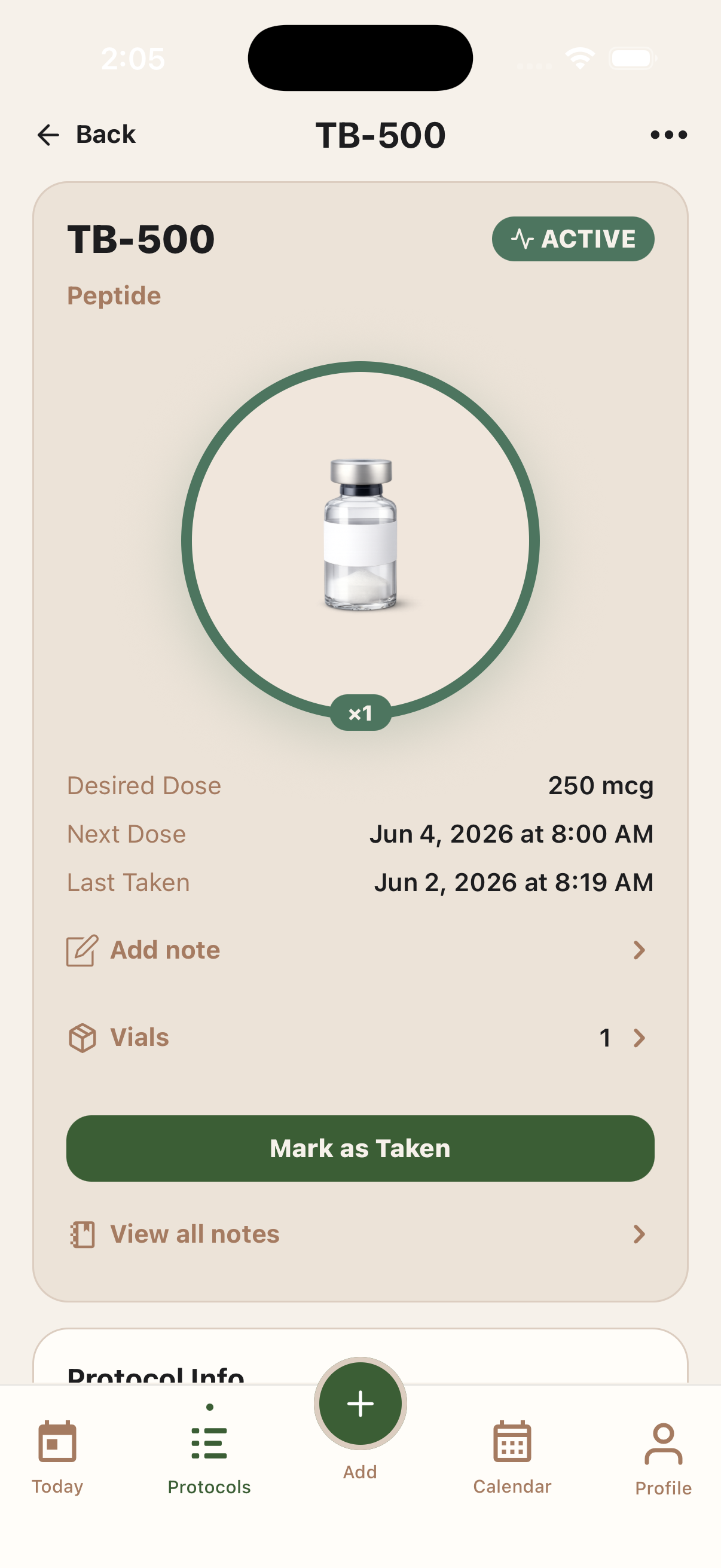 Protocol detail screen showing dates, dose history, a past-due alert, and Extend or Stop actions.